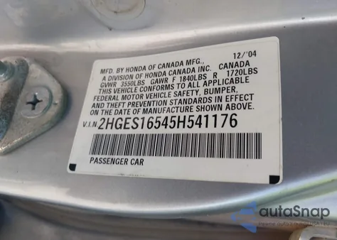 2005 Honda Civic Lx из США, поврежденный, VIN 2HGES16545H541176